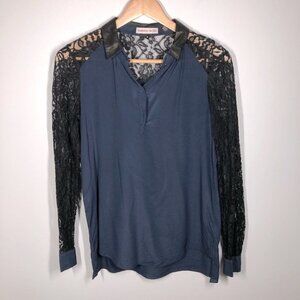 REBECCA Taylor  Navy Silk Shirt with Black Lace Sleeves & Leather Collar Size 4